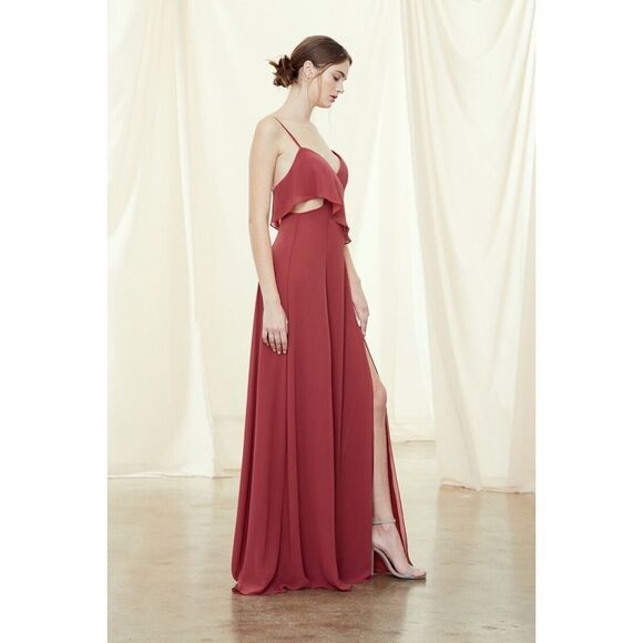 Amsale Arabella Flat Chiffon Maxi Dress Cayenne $270 Sz 10 - Picture 2 of 5